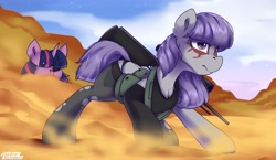 Size: 2750x1600 | Tagged: safe, artist:shadowreindeer, imported from derpibooru, maud pie, twilight sparkle, earth pony, pony, unicorn, blood, boss, desert, eyepatch, facial markings, female, gun, horn, mare, metal gear solid, metal gear solid 5, nosebleed, quiet (metal gear), rifle, sniper rifle, weapon