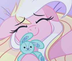 Size: 1956x1664 | Tagged: safe, artist:emberslament, imported from derpibooru, oc, oc only, oc:bay breeze, pegasus, pony, rabbit, animal, bed, cute, eyes closed, female, hoof hold, mare, pegasus oc, plushie, selfie, smiling, solo, unmoving plaid