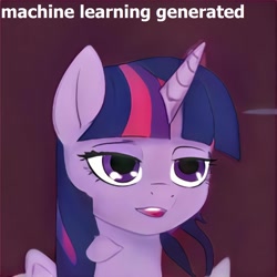 Size: 1024x1024 | Tagged: safe, edit, imported from derpibooru, alicorn, pony, derpibooru, ai content, ai generated, g4, generator:thisponydoesnotexist, lidded eyes, meta, not twilight sparkle, open mouth, solo, spoilered image joke, tumor, twilight sparkle (alicorn)