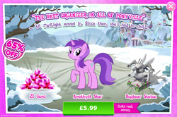 Size: 1956x1297 | Tagged: safe, imported from derpibooru, amethyst star, sparkler, bugbear, pony, unicorn, advertisement, costs real money, english, female, flower, gameloft, gem, horn, mare, mobile game, my little pony: magic princess, numbers, official, sale, solo, solo focus, statue, text