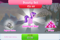 Size: 1263x856 | Tagged: safe, imported from derpibooru, amethyst star, sparkler, bugbear, pony, unicorn, bundle, costs real money, english, female, flower, gameloft, gem, horn, mare, mobile game, my little pony: magic princess, numbers, official, sale, solo, solo focus, statue, text