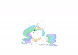 Size: 2048x1448 | Tagged: safe, artist:bubbletea, imported from derpibooru, princess celestia, alicorn, pony, chibi, eye clipping through hair, simple background, smol, solo, squatpony, white background