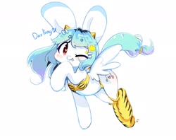 Size: 2048x1626 | Tagged: safe, artist:bubbletea, imported from derpibooru, oc, oc only, oc:uki, pegasus, pony, blushing, clothes, costume, flying, looking at you, lum invader, one eye closed, simple background, smiling, solo, spread wings, urusei yatsura, white background, wings, wink, winking at you