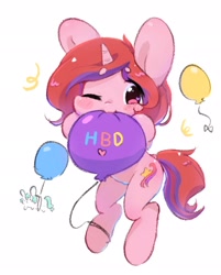 Size: 1648x2048 | Tagged: safe, artist:bubbletea, imported from derpibooru, oc, oc only, pony, unicorn, :3, balloon, chewing, eating, happy birthday, mouth hold, nom, one eye closed, simple background, solo, white background, wink