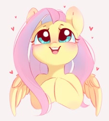 Size: 961x1061 | Tagged: safe, artist:melodylibris, imported from derpibooru, fluttershy, pegasus, pony, blushing, bust, cute, daaaaaaaaaaaw, ear blush, female, floating heart, full face view, g4, heart, hooves together, looking up, mare, open mouth, open smile, shyabetes, simple background, smiling, solo, spread wings, white background, wings