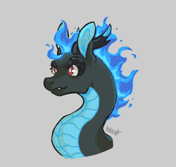 Size: 776x736 | Tagged: safe, artist:rainfallbeats, imported from derpibooru, dragon, hybrid, longma, them's fightin' herds, alternate color palette, blue fire, bust, community related, fiery mane, fire, gray background, red eyes, signature, simple background, solo, tianhuo (tfh)