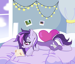 Size: 5178x4416 | Tagged: safe, artist:pritonhells, imported from derpibooru, oc, oc only, oc:dreaming bell, pony, unicorn, base used, bed, bed sheets, bedroom, book, commission, cute, female, heart, heart pillow, horn, lying down, mare, photos, pillow, reading, relaxing, show accurate, solo, string lights, unicorn oc, ych result