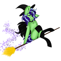 Size: 6000x6000 | Tagged: safe, artist:dejja-vu122, imported from derpibooru, oc, oc only, pony, unicorn, broom, clothes, female, flying, flying broomstick, hat, mare, ponies sitting like humans, simple background, socks, solo, striped socks, transparent background, witch hat