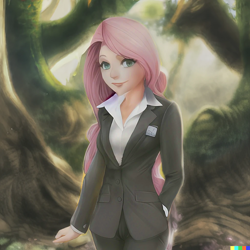 Size: 1024x1024 | Tagged: safe, editor:jesterofdestiny, generator:anything v3, imported from derpibooru, fluttershy, human, ai content, ai generated, business suit, clothes, forest background, generator:dall-e 2, generator:stable diffusion, humanized, looking at you, name tag, suit