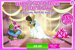 Size: 1959x1301 | Tagged: safe, imported from derpibooru, matilda, donkey, advertisement, bush, clothes, costs real money, dress, ear piercing, earring, english, eyeshadow, female, flower, fountain, gameloft, gem, jenny, jewelry, makeup, mobile game, my little pony: magic princess, numbers, official, piercing, sale, solo, solo focus, statue, text, veil, wedding dress