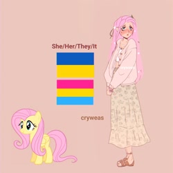 Size: 2048x2048 | Tagged: safe, artist:cryweas, imported from derpibooru, fluttershy, human, pegasus, pony, alternate hairstyle, blushing, clothes, feet, female, humanized, mare, pansexual, pansexual pride flag, pink background, pride, pride flag, reference sheet, sandals, shirt, simple background, skirt, solo, ukraine