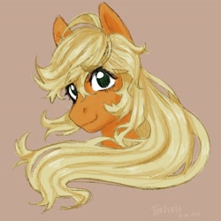 Size: 2160x2160 | Tagged: safe, artist:twivela, imported from derpibooru, applejack, earth pony, pony, bust, eyebrows, eyelashes, female, mare, missing accessory, portrait, simple background, smiling, solo