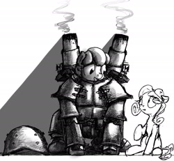 Size: 1927x1778 | Tagged: safe, artist:uteuk, imported from derpibooru, shady, oc, oc:natrix capefiv, earth pony, pony, armor, black and white, female, grayscale, hatching (technique), helmet, iron harvest, mare, monochrome, mortar, simple background, smoke, weapon, white background