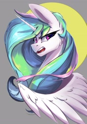 Size: 2480x3508 | Tagged: safe, artist:i love hurt, imported from derpibooru, princess celestia, alicorn, pony, bust, canines, celestia is not amused, ear fluff, eyebrows, eyebrows visible through hair, eyelashes, female, g4, lidded eyes, mare, nimbus, open mouth, portrait, simple background, solo, teeth, unamused, wings