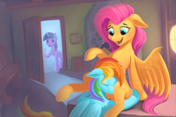 Size: 3214x2143 | Tagged: safe, artist:foxpit, imported from derpibooru, fluttershy, rainbow dash, twilight sparkle, pegasus, unicorn, chest fluff, female, floppy ears, flutterdash, folded wings, hug, lesbian, mare, misleading thumbnail, open door, open mouth, partially open wings, shipping, slim, surprised, thin, unicorn twilight, wings