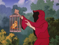 Size: 960x720 | Tagged: safe, imported from derpibooru, screencap, somnambula (g1), bird, human, my little pony 'n friends, somnambula (episode), birdcage, cage, canary, cloak, clothes, duo, female, g1, kyrie
