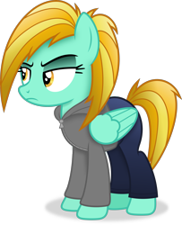 Size: 3119x3839 | Tagged: safe, alternate version, artist:anime-equestria, imported from derpibooru, lightning dust, pegasus, pony, alternate hairstyle, annoyed, clothes, female, hoodie, mare, pants, simple background, solo, sweatpants, transparent background, vector, wings