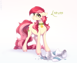 Size: 2430x2004 | Tagged: safe, artist:sparkling_light, imported from derpibooru, roseluck, earth pony, pony, behaving like a cat, broken vase, collar, commission, commissioner:doom9454, cute, cyrillic, dialogue, floppy ears, onomatopoeia, pet tag, pony pet, purring, rosepet, russian, simple background, solo, speech bubble, translated in the description, white background