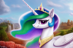 Size: 1920x1280 | Tagged: safe, derpibooru exclusive, editor:dovakkins, imported from derpibooru, princess celestia, alicorn, pony, ai content, ai generated, beautiful, bust, cliff, crown, female, generator:stable diffusion, jewelry, mare, peytral, regalia, scenery, smiling, solo, water, waterfall