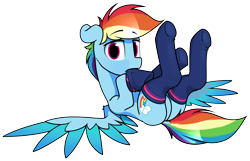 Size: 5406x3483 | Tagged: safe, artist:dacaoo, imported from derpibooru, rainbow dash, pegasus, pony, butt, clothes, colored wings, dock, featureless crotch, female, looking at you, lying down, mare, multicolored wings, on back, plot, rainbutt dash, simple background, socks, solo, tail, transparent background, wings