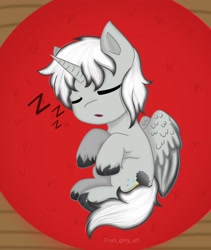 Size: 1487x1760 | Tagged: safe, artist:foxx_grey_art, imported from derpibooru, oc, oc only, alicorn, pony, alicorn oc, commission, gray coat, horn, onomatopoeia, sleeping, snoring, solo, sound effects, white mane, wings, ych result, your character here, zzz