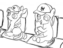 Size: 1280x984 | Tagged: safe, artist:rylice, imported from derpibooru, apple bloom, babs seed, earth pony, pony, adorababs, baseball cap, cap, cousins, cute, female, filly, foal, hat, lineart, simple background, sitting, white background