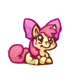 Size: 900x900 | Tagged: safe, artist:sakket, imported from derpibooru, apple bloom, earth pony, pony, adorabloom, apple bloom's bow, blush sticker, blushing, bow, cute, female, filly, foal, hair bow, lying down, prone, simple background, smiling, solo, white background