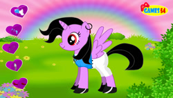 Size: 1125x637 | Tagged: safe, imported from derpibooru, oc, oc only, alicorn, pony, pony creator, bush, clothes, dressup game, ear piercing, earring, female, flash game, flower, grass, heart, horn, jewelry, necklace, piercing, rainbow, shoes, sky, watermark, wings