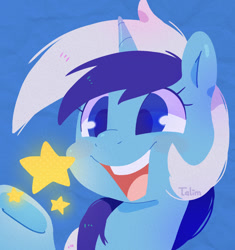 Size: 1200x1278 | Tagged: safe, artist:talimingi, imported from derpibooru, minuette, pony, unicorn, bust, colored pupils, female, hooves, lineless, mare, open mouth, open smile, smiling, solo, stars