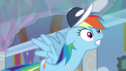 Size: 1280x720 | Tagged: safe, imported from derpibooru, screencap, rainbow dash, pegasus, pony, 2 4 6 greaaat, baseball cap, cap, coach rainbow dash, female, gritted teeth, hat, mare, school of friendship, tail, tail pull, teeth