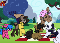 Size: 1400x1000 | Tagged: safe, artist:void-home, imported from derpibooru, oc, oc only, oc:brave soul, oc:haki sipl, oc:lunar lament, oc:sigrid, alicorn, bat pony, hybrid, pegasus, pony, unicorn, book, caribou, clothes, picnic blanket, story included, sweater