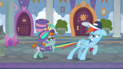 Size: 1280x720 | Tagged: safe, imported from derpibooru, screencap, rainbow dash, snips, pegasus, pony, unicorn, 2 4 6 greaaat, angry, baseball cap, cap, clothes, coach rainbow dash, colt, duo, duo male and female, female, flag, foal, gritted teeth, hat, looking at each other, looking at someone, male, mare, rainbow dash is not amused, rainbow dashs coaching whistle, school of friendship, snips is not amused, tail, tail pull, teeth, unamused, whistle, whistle necklace