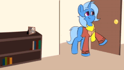 Size: 1280x720 | Tagged: safe, artist:cheebsvo, artist:emiitte, artist:punkittdev, artist:skylinepony_, imported from derpibooru, trixie, oc, oc:lemon trisket, earth pony, pony, unicorn, animated, bipedal, book, clothes, coat, coat rack, comic, curved horn, dialogue, dot eyes, earth pony oc, embarrassed, eye contact, eyes closed, facial hair, female, grin, horn, horsecomix, implied lesbian, interview, jacket, lidded eyes, looking at each other, looking at someone, magic, male, mare, moustache, necktie, nervous, nervous grin, onomatopoeia, open mouth, open smile, paper, realization, scarf, shirt, smiling, sound, stallion, suit, sweater, t pose, telekinesis, vulgar, webm