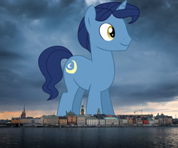 Size: 2048x1700 | Tagged: safe, artist:bluetech, artist:jaredking779, imported from derpibooru, night light, pony, unicorn, giant pony, giant unicorn, highrise ponies, irl, macro, male, mega giant, photo, ponies in real life, solo, stallion, stockholm, sweden