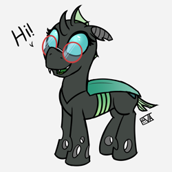 Size: 4000x4000 | Tagged: safe, artist:evan555alpha, imported from ponybooru, oc, oc only, oc:yvette (evan555alpha), changeling, aged down, changeling oc, colored sketch, dialogue, dorsal fin, evan's daily buggo ii, fangs, female, filly, foal, glasses, green tongue, looking up, missing accessory, open mouth, round glasses, signature, simple background, sketch, smiling, solo, technicolor tongue, text, tongue out, white background, younger
