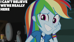 Size: 1920x1080 | Tagged: safe, edit, edited screencap, editor:quoterific, imported from derpibooru, screencap, rainbow dash, human, equestria girls, movie magic, spoiler:eqg specials, dreamworks face, female, geode of super speed, grin, hand on cheek, magical geodes, smiling, solo, text