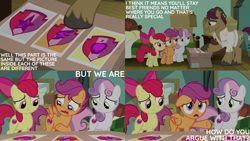Size: 2000x1125 | Tagged: safe, edit, edited screencap, editor:quoterific, imported from derpibooru, screencap, apple bloom, scootaloo, snap shutter, sweetie belle, earth pony, pegasus, pony, unicorn, the last crusade, apple bloom's bow, bow, cutie mark crusaders, father and child, father and daughter, female, filly, foal, frown, hair bow, male, open mouth, open smile, pointing, sad, scootasad, smiling, spread wings, stallion, the cmc's cutie marks, wings
