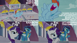 Size: 2000x1125 | Tagged: safe, edit, edited screencap, editor:quoterific, imported from derpibooru, screencap, cloud kicker, daisy, dizzy twister, flower wishes, linky, orange swirl, perry pierce, rainbow dash, rarity, royal riff, sea swirl, seafoam, shoeshine, soarin', spring melody, sprinkle medley, star bright, sunshower raindrops, pegasus, pony, unicorn, rarity investigates, background pony, blue eyeshadow, clothes, confused, cute, darling, dashabetes, excited, eyes closed, eyeshadow, female, flying, goggles, goggles on head, grin, gritted teeth, happy, looking at someone, looking up, makeup, male, mare, nose in the air, open mouth, open smile, smiling, stallion, teeth, trio focus, uniform, wonderbolts uniform