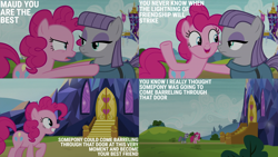 Size: 2000x1125 | Tagged: safe, edit, edited screencap, editor:quoterific, imported from derpibooru, screencap, maud pie, pinkie pie, earth pony, pony, rock solid friendship, door, duo, duo female, eyeshadow, female, frown, grin, makeup, mare, open mouth, open smile, pie sisters, raised hoof, siblings, sisters, smiling, stairs, twilight's castle