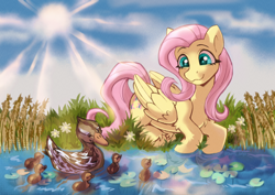 Size: 3508x2480 | Tagged: safe, artist:kotya, imported from derpibooru, fluttershy, bird, duck, pegasus, pony, :3, cute, daaaaaaaaaaaw, duckling, female, flower, lilypad, mare, shyabetes, smiling, solo, sun, unshorn fetlocks, water, wings