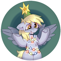 Size: 2000x2000 | Tagged: safe, artist:kotya, imported from derpibooru, derpy hooves, pegasus, pony, bipedal, blushing, chest fluff, christmas, christmas lights, derpy star, female, floppy ears, frog (hoof), grin, holiday, looking at you, mare, sheepish grin, simple background, smiling, solo, spread wings, stars, transparent background, underhoof, wings