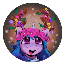 Size: 2300x2300 | Tagged: safe, artist:kotya, imported from derpibooru, izzy moonbow, pony, unicorn, antlers, clothes, female, floral head wreath, flower, g5, mare, scarf, snow, snowfall, solo