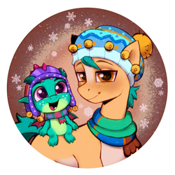 Size: 2300x2300 | Tagged: safe, artist:kotya, imported from derpibooru, hitch trailblazer, dragon, earth pony, pony, baby, baby dragon, clothes, cute, g5, happy, hat, hitchbetes, looking at you, male, open mouth, open smile, papa hitch, scarf, smiling, snow, snowfall, solo, sparky sparkeroni, sparkybetes, stallion, striped scarf, winter hat