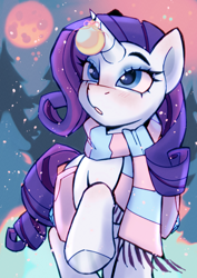 Size: 2480x3508 | Tagged: safe, artist:kotya, imported from derpibooru, rarity, pony, unicorn, bauble, clothes, cute, forest, full moon, moon, ornament, raribetes, scarf, snow, snowfall, solo, striped scarf, winter