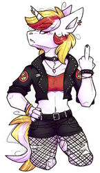 Size: 681x1174 | Tagged: safe, artist:heart-sketch, imported from derpibooru, oc, oc only, oc:vida emotionate, anthro, unicorn, anti-celestia, belt, bracelet, choker, clothes, fishnets, hand on hip, jacket, jewelry, leather, leather jacket, leather shorts, middle finger, piercing, short shirt, simple background, solo, transparent background, vulgar