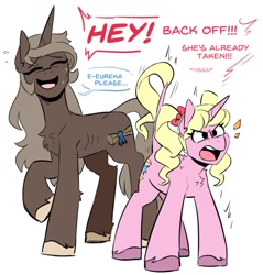 Size: 798x833 | Tagged: safe, artist:redxbacon, imported from derpibooru, oc, oc only, oc:eureka, oc:eureka moment, oc:parch well, classical unicorn, pony, unicorn, angry, bow, chest fluff, cloven hooves, dialogue, duo, female, hair bow, height difference, horn, leonine tail, lesbian, mare, oc x oc, possessive, ribs, shipping, simple background, skinny, stuttering, sweat, thin, unicorn oc, unshorn fetlocks, white background