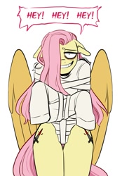 Size: 683x983 | Tagged: safe, artist:redxbacon, imported from derpibooru, fluttershy, anthro, pegasus, .mov, shed.mov, bags under eyes, bondage, dialogue, fluttershed, hair over one eye, hey hey hey, simple background, solo, straitjacket, white background, wide smile