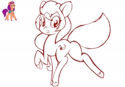 Size: 2388x1668 | Tagged: safe, artist:php156, imported from derpibooru, sunny starscout, earth pony, pony, spoiler:g5, spoiler:my little pony: tell your tale, butt, featureless crotch, female, g5, looking back, mane stripe sunny, mare, my little pony: tell your tale, open mouth, plot, raised hoof, rear view, simple background, solo, tail, unshorn fetlocks, white background