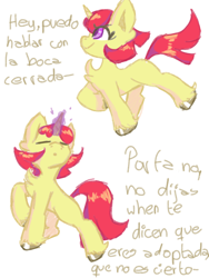 Size: 1080x1440 | Tagged: safe, artist:flower-black, derpibooru exclusive, imported from derpibooru, apple bloom, pony, unicorn, comic:friendship reimagined, simple background, solo, spanish, species swap, translation request, white background