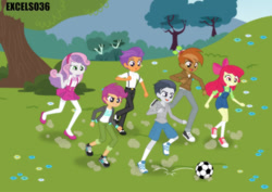 Size: 1120x792 | Tagged: safe, artist:excelso36, imported from derpibooru, apple bloom, button mash, rumble, scootaloo, sweetie belle, tender taps, human, equestria girls, ball, casual, clothes, commission, converse, dialogue, equestria girls-ified, female, football, long socks, male, microskirt, miniskirt, park, playing, pleated skirt, shoes, skirt, socks, sports, suspenders, thigh highs, thigh socks, trash can, walking
